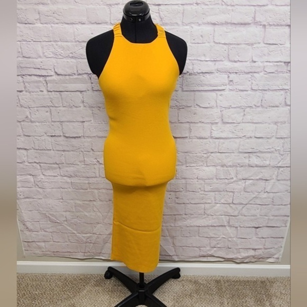525 America Mustard Yellow Ribbed Knit Open Back‎ Ruched Strap Midi Dress XS